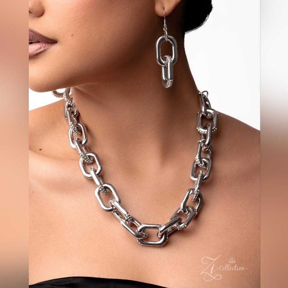 IC COLLECTION Bold Silver Necklace and Earring Set